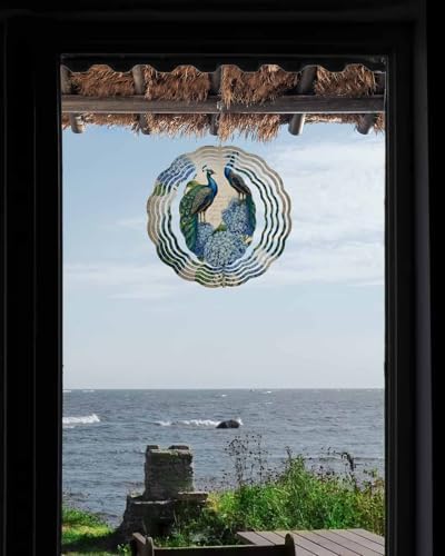 Wind Spinner 3D Stainless Steel Metal Wind Spinners Hanging Wind Spinner Vintage Colorful Peacock and Hydrangea Garden Decoration Kinetic Yard Art Ornament for Indoor Outdoor Decor, 12 Inch - Image 4
