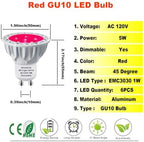 6-Pack MR16(GU10 Base) Led Bulb, Red Color, 5W,120V Voltage, Aluminum Casing, Dimmable,45 Deg - Image 2