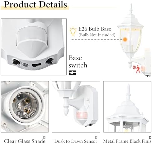 Porch Lights Outdoor Motion Sensor Wall Sconce Anti-Rust Aluminum, Exterior Outdoor Wall Lights Dusk to Dawn Porch Light Fixture Wall Mount for House Outside Patio 2Pack White - Image 5