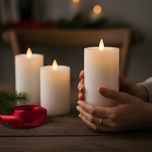 Flameless Pillar Candles Flickering with Remote Timer, Battery Operated LED Candles Up to 400 Hours, 3D Moving Flame Real Wax Candles, Set of 3, D3 x H4, 5", 6",Remote Included(Ivory) - Image 2