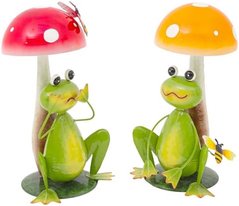 15.3" Metal Frog Garden Statue Set of 2, Handcrafted Mushroom Decor - Image 2