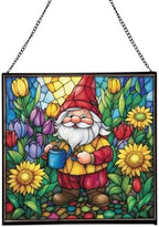 Spring Garden Gnome Stained Glass Suncatcher – Square Hanging Window Panel for Home or Greenhouse – Whimsical Glass Art Gift for Garden Lovers, Christmas, Halloween, Father Days lee1cz by Custom