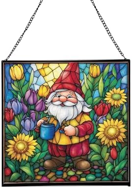 Spring Garden Gnome Stained Glass Suncatcher – Square Hanging Window Panel for Home or Greenhouse – Whimsical Glass Art Gift for Garden Lovers, Christmas, Halloween, Father Days lee1cz by Custom