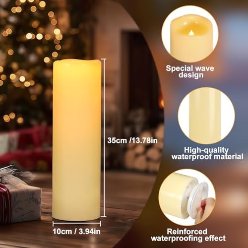 14" x 4" Large Outdoor Candles Waterproof Flickering LED Flameless Candles Battery Operated with Timer - Realistic LED Pillar Candles with Remote for Wedding Festival Home Decor Ivory 2 Pack - Image 7