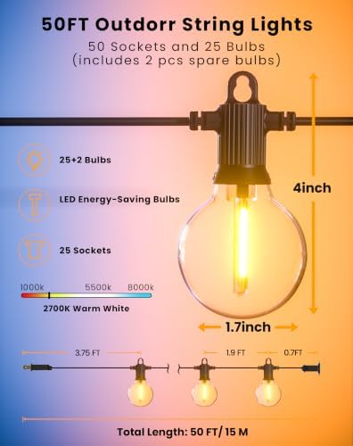 Zuske Outdoor String Lights Waterproof, 100FT LED Patio Lights with 50 Shatterproof G50 Globe Bulb(2 Spare), Connectable Dimmable Outside Hanging Lights for Backyard Porch Balcony Gazebo - Image 6