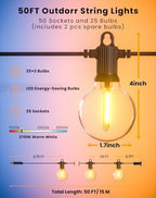 Zuske Outdoor String Lights Waterproof, 100FT LED Patio Lights with 50 Shatterproof G50 Globe Bulb(2 Spare), Connectable Dimmable Outside Hanging Lights for Backyard Porch Balcony Gazebo - Image 6