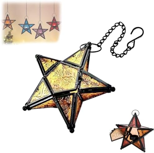 Moroccan Star Lantern,Metal Moroccan Star Lanterns Hanging,Vintage Five Point Star Hanging Candle Lantern, Embossed Stained Glass Iron Windproof Tealight Holder (Yellow) by cooluder