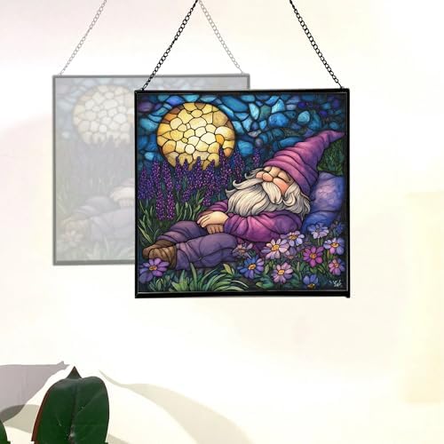 Lavender Rest Gnome Stained Glass Suncatcher – Square Hanging Window Panel for Home or Greenhouse – Whimsical Glass Art Gift for Garden Lovers, Christmas, Halloween, Father Days iDlDMB - Image 4