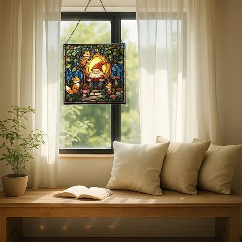 Forest Reading Gnome Stained Glass Suncatcher – Square Hanging Window Panel for Home or Greenhouse – Whimsical Glass Art Gift for Garden Lovers, Christmas, Halloween, Father Days EHxYe2 - Image 7