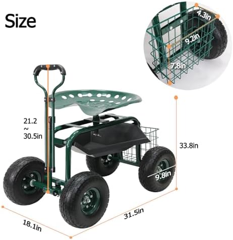 Rolling Garden Cart with Wheels, Gardening Stool with Basket,Adjustable Steering Handle, 360 Degree Swivel Seat for Yard,Patio,and Outdoor - Image 3