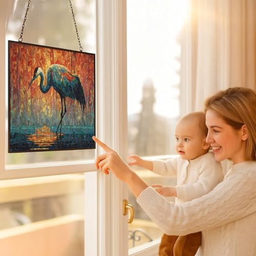 Customized Rectangle Mosaic Crane in Morning Mist Suncatcher Stained Glass Window Hangings Sun Catchers Colorful Ornament Gifts for Women Mom Wife Halloween Christmas Housewarming - Image 5