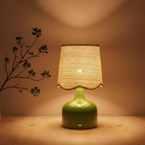 Cordless Boho Table Lamp Green, Scalloped Wicker Shade, 5200-mAh Rechargeable Battery, 3-Way Dimmable, Build-in Integrated LED 320 Lumen Max, for Bedside Living Room - Image 2