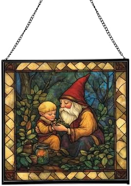 Gnome Mother Tending Her Child Stained Glass Suncatcher – Square Hanging Window Panel for Home, Garden, Nursery, Halloween, Christmas, Memorial Day – Whimsical Glass Art Gift for Gnome Lovers fsm36f by Custom