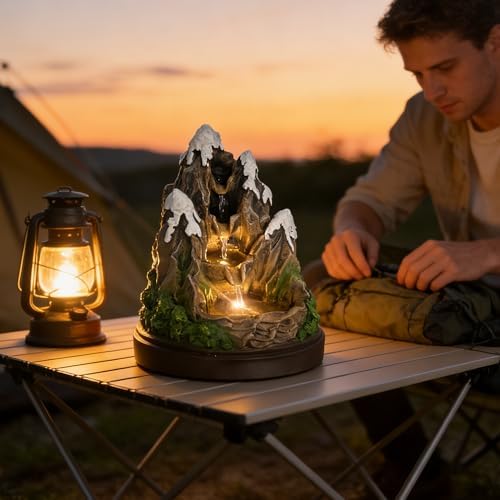 AOZITA Snow Mountain Tabletop Water Fountain 4-Tier Cascading Indoor Waterfall with Warm LED Lights, Realistic Rock Texturing & Moss Accents, Miniature Zen Landscape for Desk Home Office Decor - Image 5