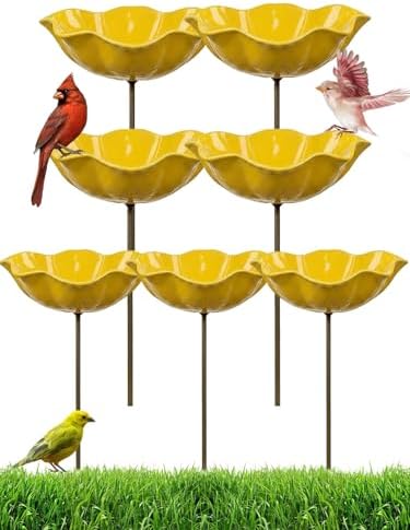 Handmade Metal Flower Garden Stake Bird Bath Bee Watering Station Feeder Pollinator Outdoor Decorative Bowl Butterfly Wildflower Rustic Yard Art Support for Outdoor Yard Decor(Yellow) by Unknown