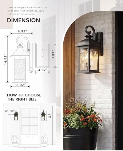 FEMILA Dusk to Dawn Exterior Wall Sconce, 15" Front Porch Light Fixtures Wall Mount for Patio, Garage, Garden, UL Listed, Matte Black Water Ripple Glass, 4FD54B-PC BK-WP - Image 5