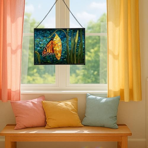 Butterfly Emerging from Chrysalis Rectangular Stained Glass Suncatcher – Hanging Window Panel with Animal & Nature Scene – Vibrant Glass Art Gift for Wildlife, Fantasy, Nature Lovers XGNTPJ - Image 5