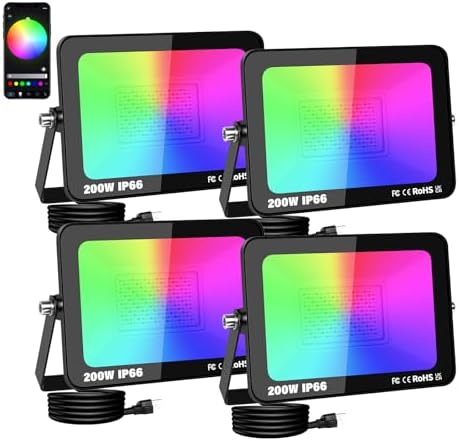 Willpower 4x 200W LED Floodlight,3000LM Smart RGB Flood Lights Outdoor with APP Control Colour Changing Timing Scene Garden Lighting for Party Stage Garden Halloween Christmas Decorations,IP66 US Plug by Willpower