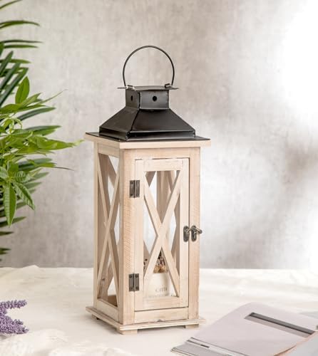 TIMRIS Large Wooden Candle Lanterns Decorative Set of 2, Rustic Farmhouse Whitewash Floor Lanterns, Indoor/Outdoor Hanging Lanterns for Home Decor (No Glass) - Image 4