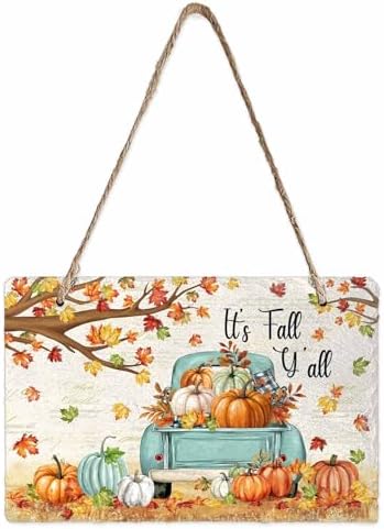 Fall Welcome Wall Hanging Sign- Retro Maple Leaf Pumpkin Truck Slate Hanging Plaques for Front Door Porch Window Farmhouse Garden 5.1" x 7.9" Wall Home Decor by EwdeWwo