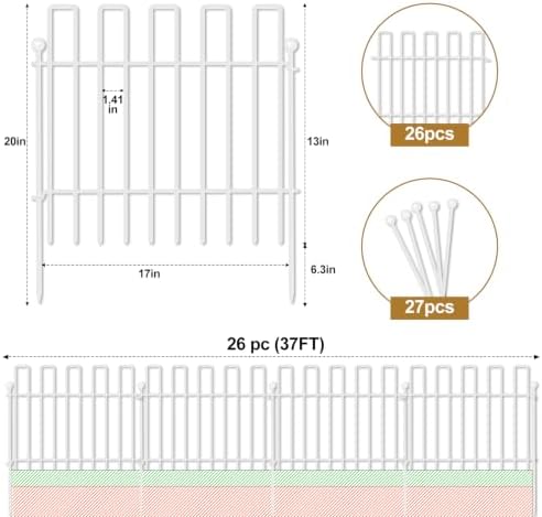 26 Panels No Dig Animal Barrier Fence, 13in(H) x 37ft(L) Garden Edging Border Fencing, Rustproof Metal Stakes Decorative Garden Fence, Dog Digging Defense Fencing Barrier for Outdoor, Yard, White - Image 3