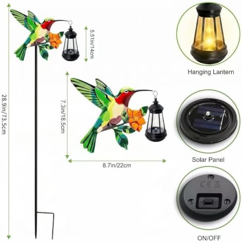 2 Pack Hummingbird Solar Garden Lights Waterproof Outdoor Metal Stakes with Solar Lantern Gifts for Women Mom Grandma Birthday for Path Yard Patio Porch Lawn (Multicolor, Green Hummingbird) - Image 2