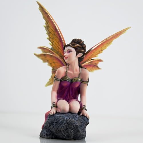 Fantasy Orange-Gold Gradient Wings Fairy Figurine, 6.1 Inch Rock Base Elf Statue, Hand-Painted Resin Decor for Indoor Garden Desk by Unknown