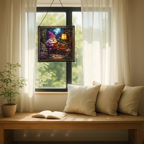Berry Pie Gnome Picnic Stained Glass Suncatcher – Square Hanging Window Panel for Home or Greenhouse – Whimsical Glass Art Gift for Garden Lovers, Christmas, Halloween, Father Days aZdgHt - Image 7