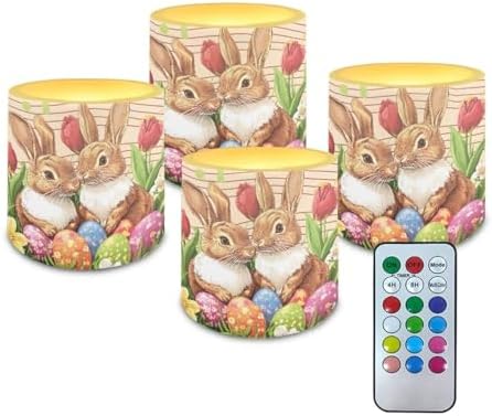 4 Pack Floral Bunny Egg LED Candles Flickering Flameless Candles with Remote and Timers Battery Operated Tea Lights with Remote Pillar Battery Tea Lights for Easter Day Party by Merkmak