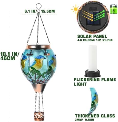 Hot Air Balloon Solar Lantern - Bluebird Glass Lantern, Simulated Flickering & Dancing Flame, Outdoor Hanging Yard Light Waterproof IP65 for Patio Lawn Porch Decor Gift - Image 6