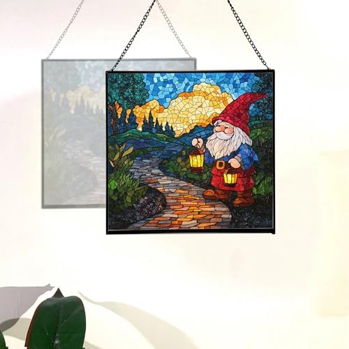Garden Lantern Path Gnome Stained Glass Suncatcher – Square Hanging Window Panel for Home or Greenhouse – Whimsical Glass Art Gift for Garden Lovers, Christmas, Halloween, Father Days r07p0u - Image 4