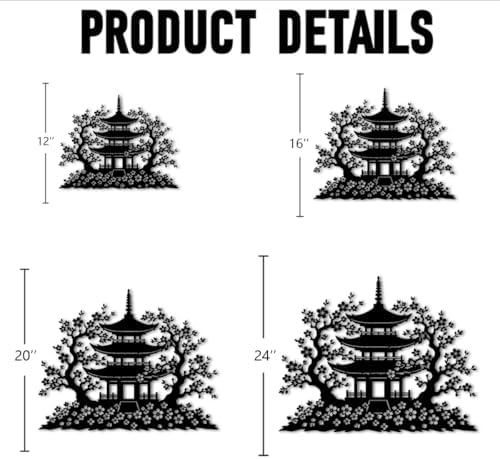 Japanese Pagoda and Cherry Blossom Metal Wall Art Metal Outdoor Decor Metal Signs Elegant Asian Inspired Artwork Home Decor for Living Room Bedroom Zen Garden (Black,24inch) - Image 2