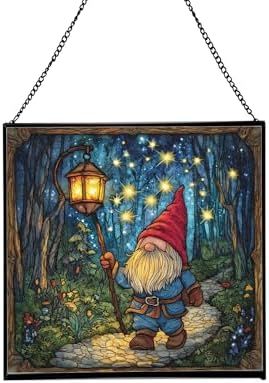 Starglow Gnome Trail Stained Glass Suncatcher – Square Hanging Window Panel for Home or Greenhouse – Whimsical Glass Art Gift for Garden Lovers, Christmas, Halloween, Father Days HMrBzf by Custom