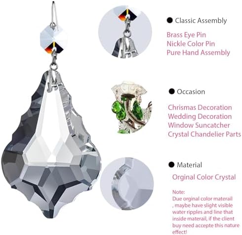 8Pcs 76mm(3.0") Clear Color Chandelier Crystals Parts Maple Leaf Prism Pendant Connected Glass Octagon Beads Chain for Chandelier Decoration, Party,Wedding Decorative (Clear Beads+Nickel Plated PIN) - Image 4