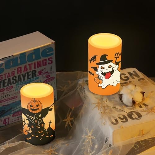 Halloween Day Battery Operated Candles with Remote and Timers Flameless Candles for Trick or Treat Day Party Home Decoration Flickering Elictric Pillar Lights, Black Pumpkin Trick Ghost - Image 6