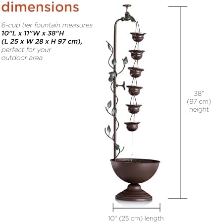 Alpine Corporation MAZ254 Outdoor Floor Tiered Vintage Water Fountain w/ 6 Hanging Cups, Soothing Tier Waterfall, 38", Bronze - Image 3