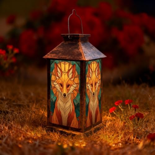 Solar Lantern Symmetrical Fox Stained Glass Outdoor Waterproof Garden Hanging Lantern Solar Powered Lighting Outside Solar Light for Patio Yard Camping, Gifts for Women Mom by Unknown