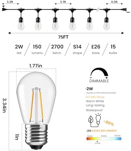 Svater 75 FT Outdoor String Lights 2W S14 LED Commercial Grade Waterproof - Image 2
