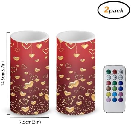 Flameless Candles Bulk Set of 2 Valentines Day Golden Heart Battery Operated Candles with Remote Timer LED Pillar Lights for Home Banquet Dining Table Decoration - Image 2