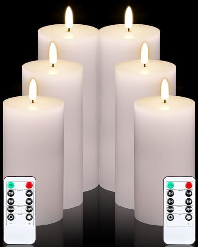 VIHOSE 6 Pack White Flameless Candles Set with Remote and Timer Flickering Flameless Battery Candles Flat Top LED Pillar for Wedding Outdoor Home Festival Decoration(D 3" H 6" 7" 8") by VIHOSE