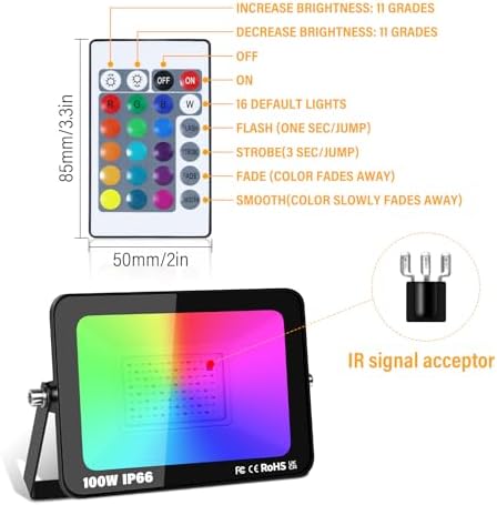 RIGIDON 1 Pack 100W RGB LED Flood Light Outdoor, 16 Colour Changing Light - Image 2