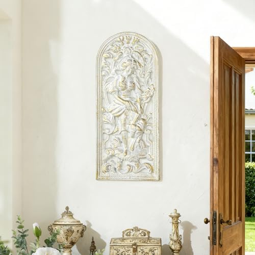 Sungmor Vintage Cast Iron Wall Plaque,Antique Style Ornate Woman & Floral Decorative Artwork,Rustic Farmhouse Wall Hanging for Living Room,Entryway Decor,White and Gold Finish - Image 2