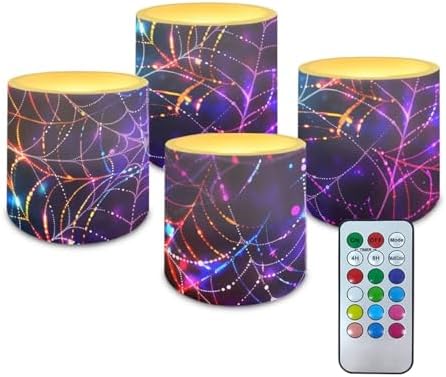 4Pcs Flickering Flameless Candles with Timer Battery Operated Candles with Remote Halloween Colorful Spider Web LED Pillar Tea Lights for Living Room Home Decoration by Merkmak