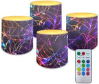 4Pcs Flickering Flameless Candles with Timer Battery Operated Candles with Remote Halloween Colorful Spider Web LED Pillar Tea Lights for Living Room Home Decoration by Merkmak