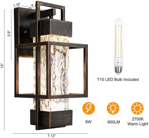 PARTPHONER Modern Outdoor Light Fixture Dusk to Dawn Outdoor Lighting, 15" H Exterior Wall Sconce Waterproof Porch Light, Outside Light for House with Water Glass for Garage Doorway Black Brushed Gold - Image 4