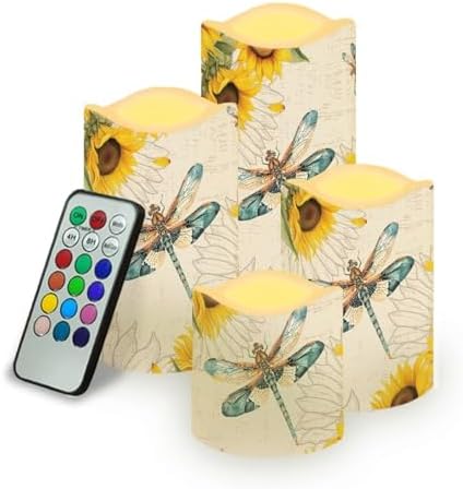 Dragonfly Sunflower Battery Candle Timer Battery Powered LED Candles Color Changing Pillar Electric Fake Candles Bulk for Home Table Decoration Set of 4 by Uorisanigo