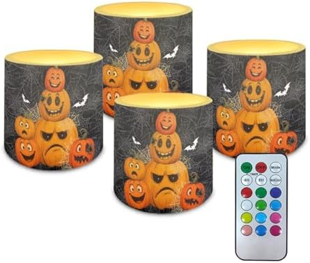 4 Pack Flameless Candles with Remote Halloween Pumpkin Bat Battery Operated Pillar Candles with Timer LED Elictric Tealights for Trick or Treat Party Banquet Home Decorations by Merkmak