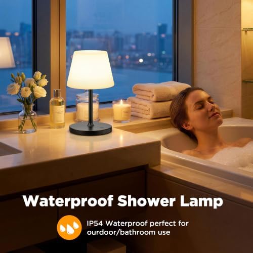 LUTEC Shower Lamp Waterproof, 6000mAh Rechargeable Cordless Table Lamp with 3 Color Temps and Stepless Dimming, Touch Control & Portable LED Nightlight for Bathroom, Desk, Outdoor(Black) - Image 4