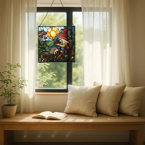Gnome with pet Stained Glass Suncatcher – Square Hanging Window Panel for Home, Garden, Nursery, Halloween, Christmas, Memorial Day – Whimsical Glass Art Gift for Gnome Lovers unif14 - Image 7