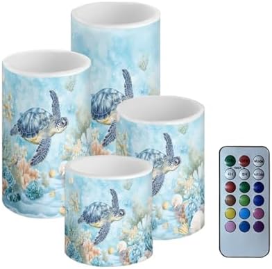 Flickering Flameless Candles with Remote 4 Pack Battery Operated Pillar Candles with Timer LED Elictric Pillar Tealights for Patio Beach Wedding Coastal Home Decorations, Beach Sea Turtle by Merkmak